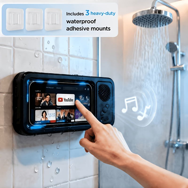 Shower Phone Holder 360 Degree Rotating Waterproof Wall Mount with Wireless Bluetooth Speaker IPX5 Rated for Bathroom Tub Kitchen Mirror Compatible with 4-6.8 Inch Phones Black White Pink