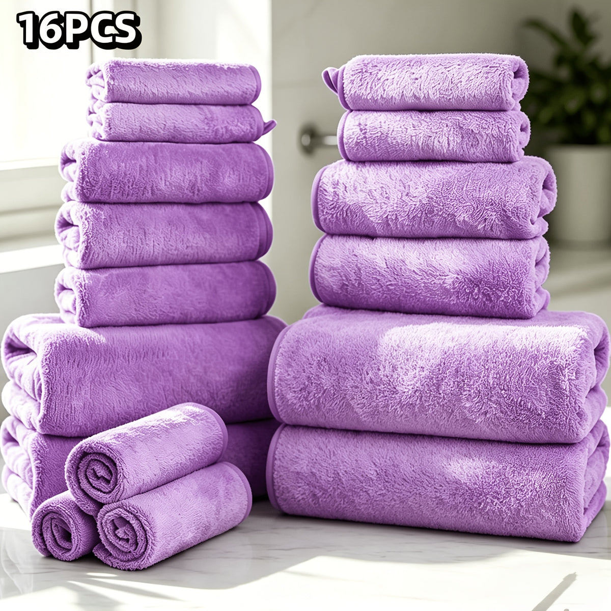 16-Piece Ultra-Soft Coral Fleece Bath Towel Set – 4 Bath Towels, 6 Hand Towels & 6 Washcloths | Quick-Dry, Highly Absorbent | Home, Hotel & Spa