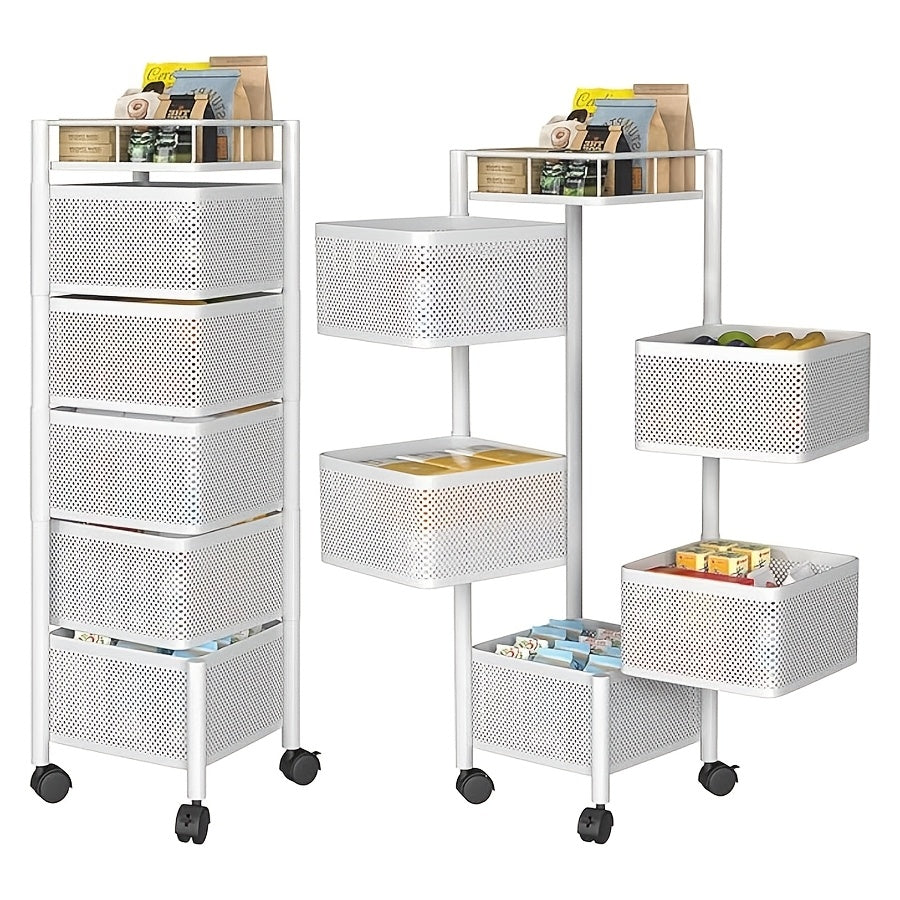 5-Tier Rotating Kitchen Storage Basket on Wheels Metal Fruit Vegetable Rack Rolling Floor Standing Trolley for Kitchen Bathroom Square Black White