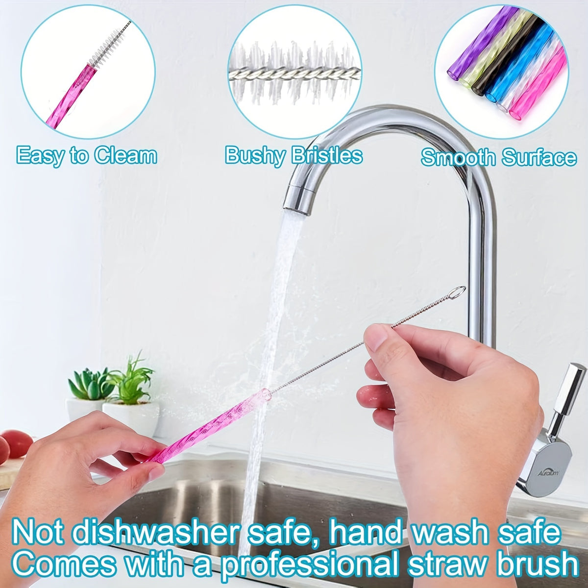 Reusable Spiral Straws Set of 6 with Caps and Cleaning Brush - Food Safe TPU Straws Compatible with 40oz 30oz 20oz Tumblers and Half Gallon Jugs - Eco-Friendly Drinking Straws