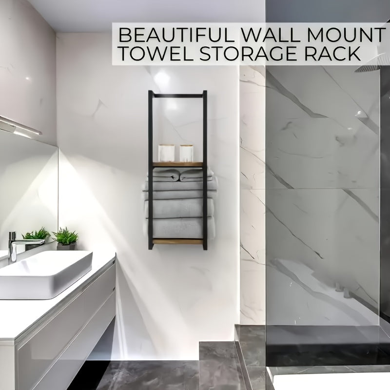 Double Layer Wall Mounted Towel Rack – French Countryside Style Iron Bathroom Storage Rack for Towels & Toiletries, Sturdy Walnut Black Metal Organizer, 1 or 2 Piece Set