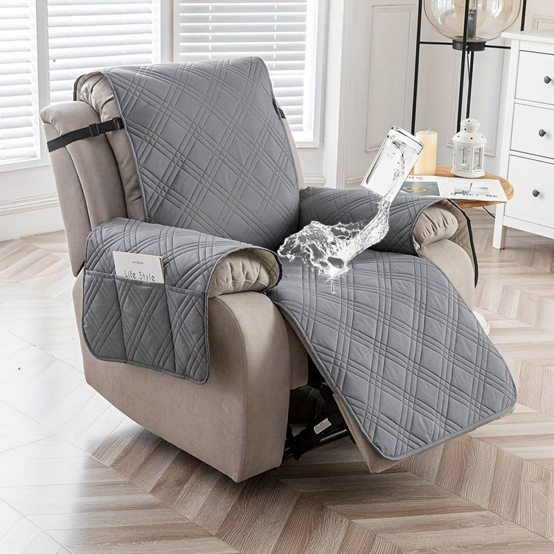 Quilted Recliner Chair Cover with Pocket Non-Slip Hook Loop Closure - 100% Polyester Washable Reclining Chair Slipcover Furniture Protector for Pets Dogs Cats, Easy Install, 9 Colors