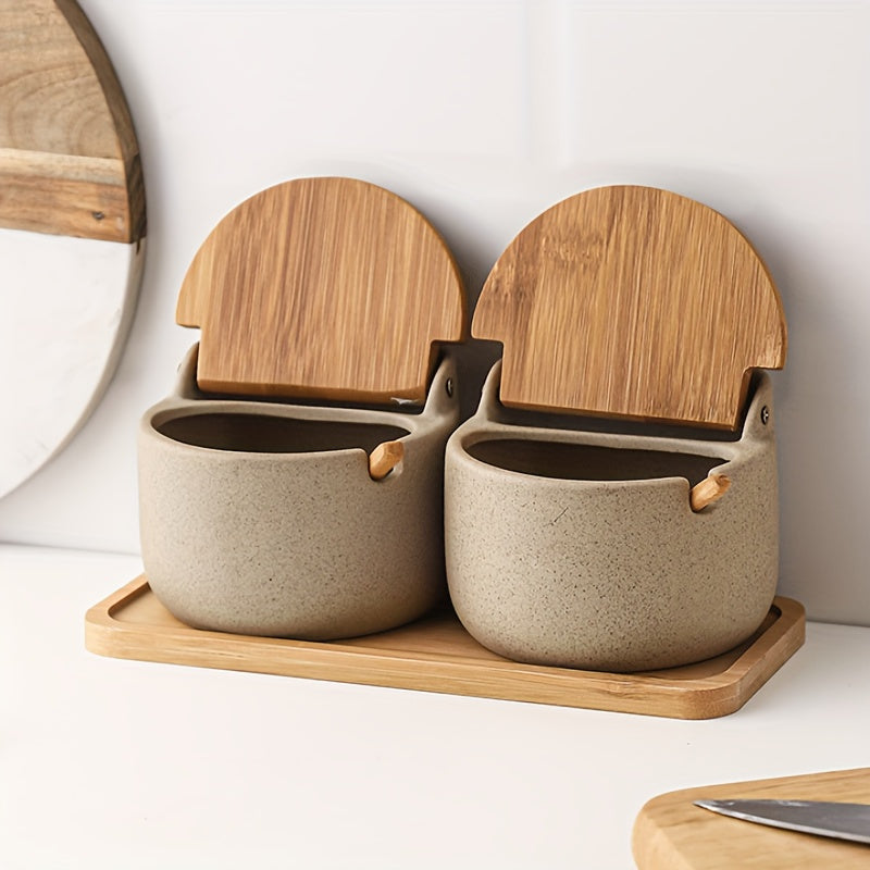 Ceramic Seasoning Pot Set with Tray Lid and Spoon Salt Pepper Spice Jars Kitchen Condiment Containers for Countertop Storage Set of 2 or 3