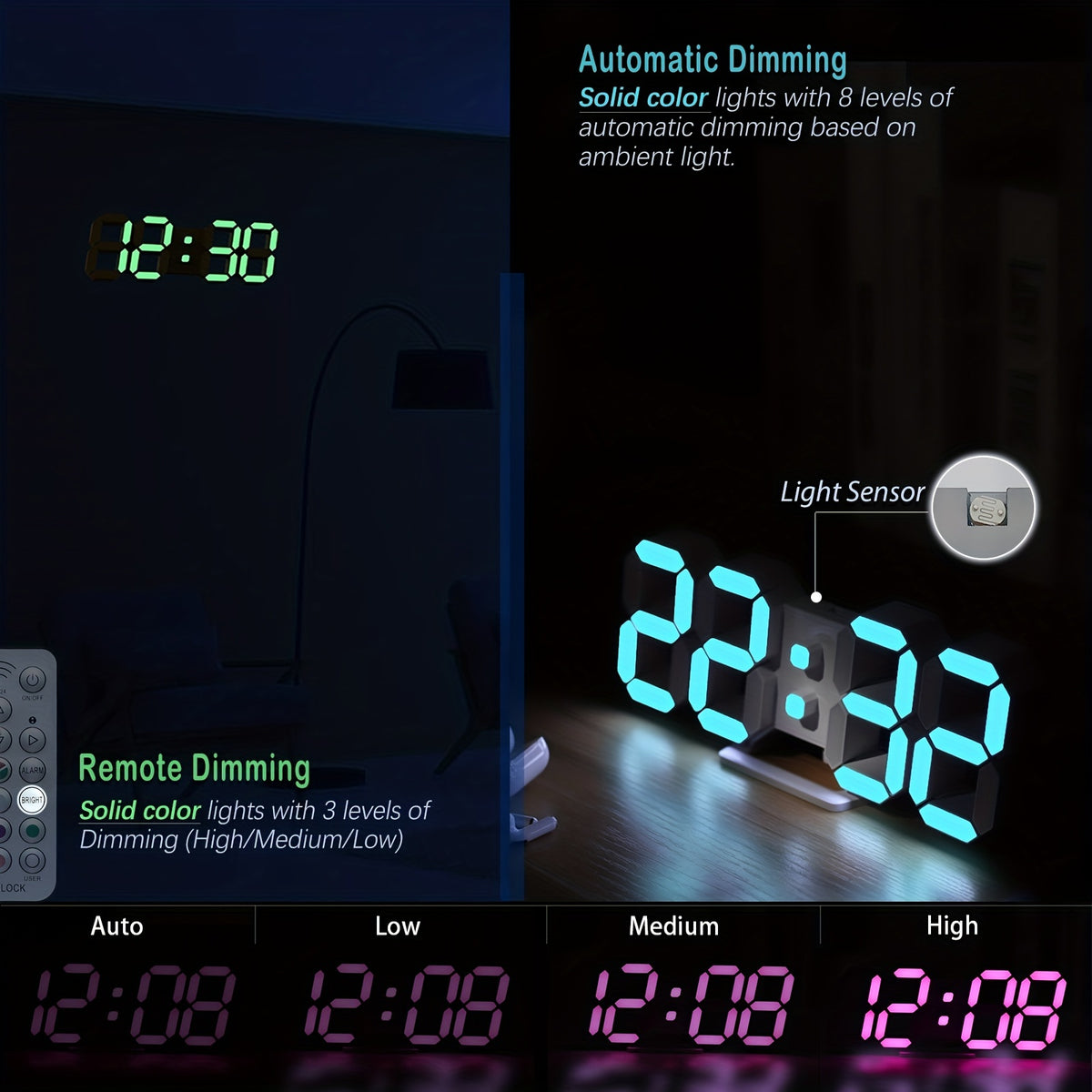 RGB Neon LED Digital Wall Clock 9.7" Large Display with Remote Control – 3D Aesthetic Alarm Clock, Adjustable Brightness, Date & Temperature Display for Bedroom, Living Room, Office, Gym