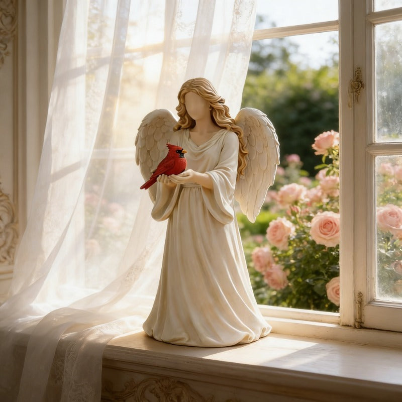 Red Bird & Angel Resin Desktop Ornament Decorative Figurine – Creative Sculpture Statue for Living Room, Entryway & Office Decor, Thoughtful Commemorative Gift
