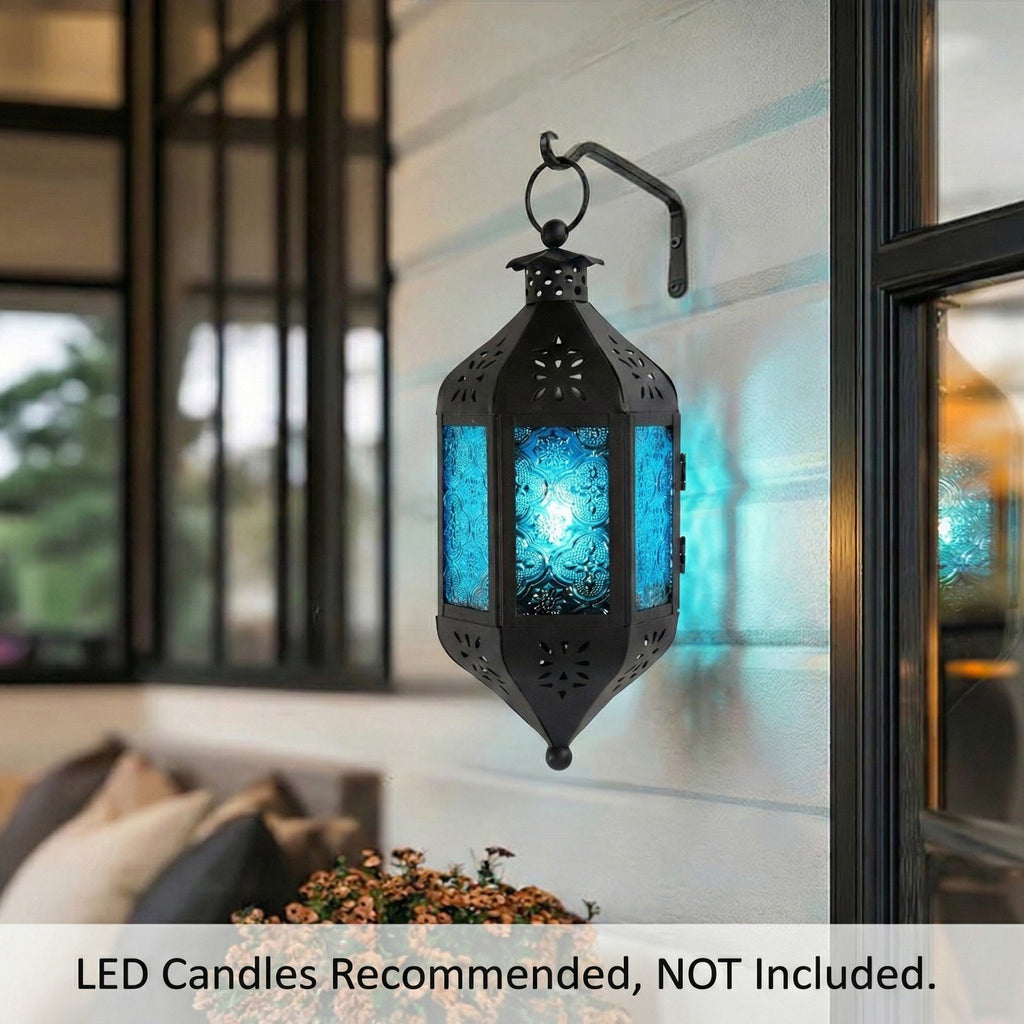 Moroccan Hanging Candle Lantern with Chain – Vintage Boho Style Iron & Glass Tealight Holder for Home, Patio, Garden, Wedding & Ramadan Decor (23.5" Overall)