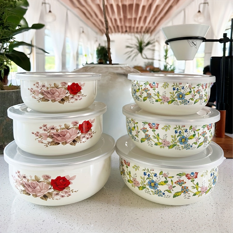 3-Piece Enamel Sealed Container Set with Lids – Fresh-Keeping Food Storage Bowls for Fruit, Vegetables, Soup & Salad | Lunch Box, School & Home | Rose & Floral Styles