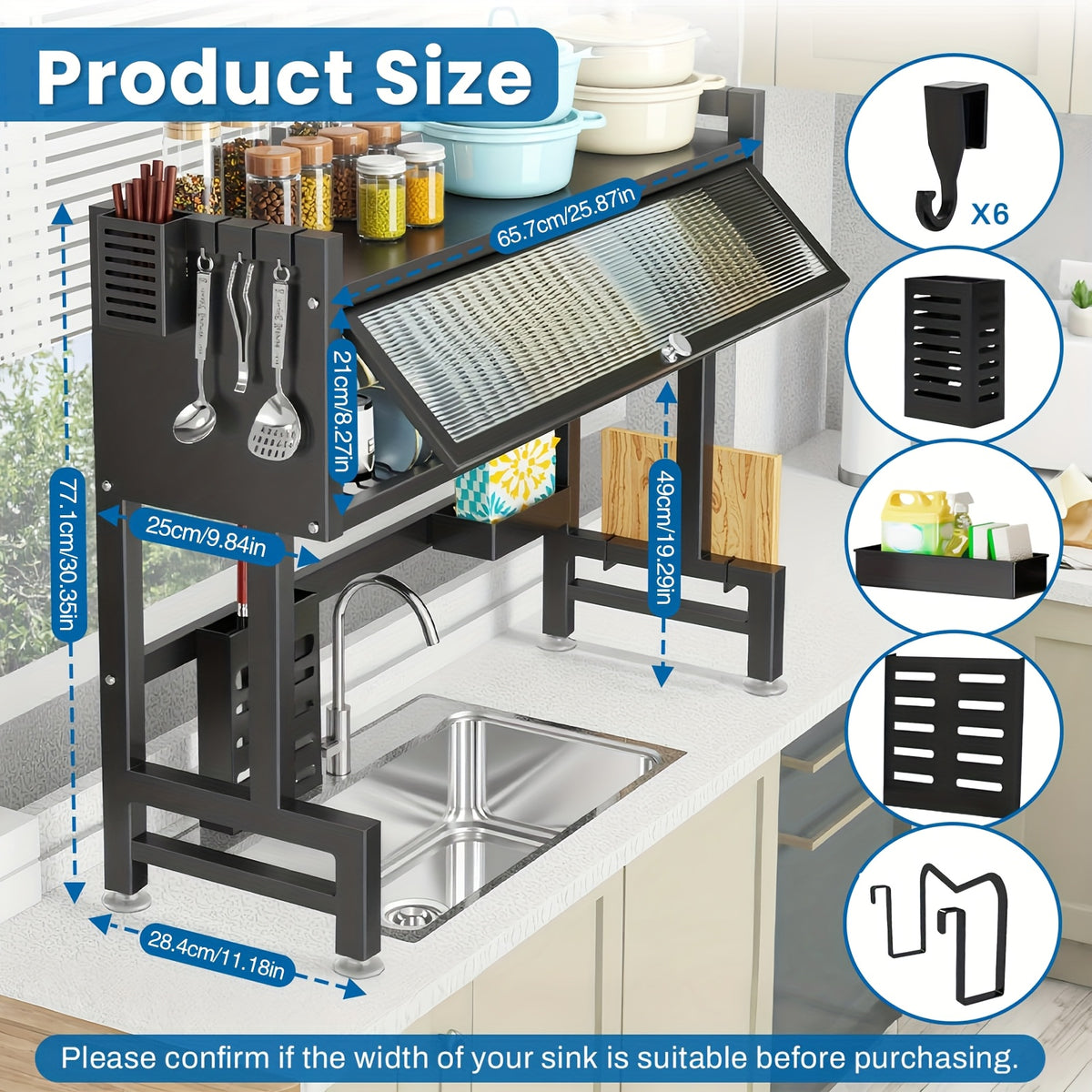 Over The Sink Dish Drying Rack with Dustproof Cover, 3-Tier Large Capacity Organizer for Dishes, Glasses, Bowls & Cutlery – Space-Saving Black Kitchen Storage Rack