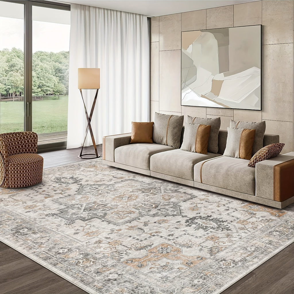 Vintage Retro Chenille Area Rug Machine Washable Non-Slip Lightweight Living Room Bedroom Dining Office – Light Taupe Brown Multiple Sizes