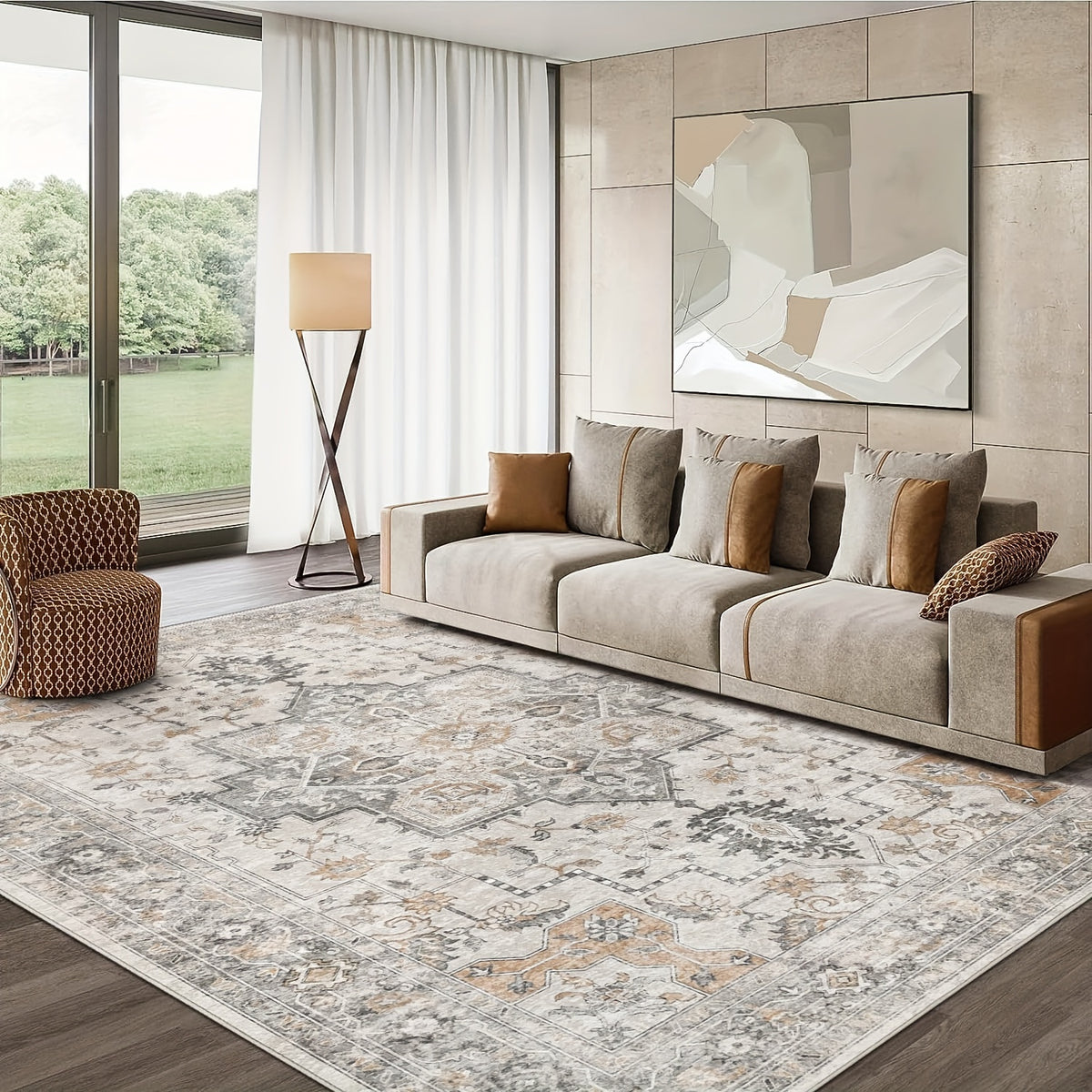 Vintage Retro Chenille Area Rug Machine Washable Non-Slip Lightweight Living Room Bedroom Dining Office – Light Taupe Brown Multiple Sizes