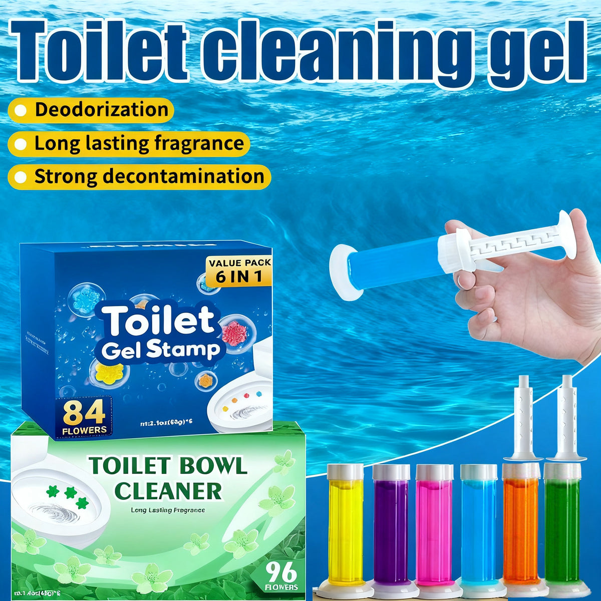 Toilet Cleaning Gel Stamps with Dispenser & Air-Freshening Fragrance – 8 Pieces / 96 Gel Patterns Toilet Bowl Cleaner for Ceramic Surfaces, Bathrooms & Kitchens