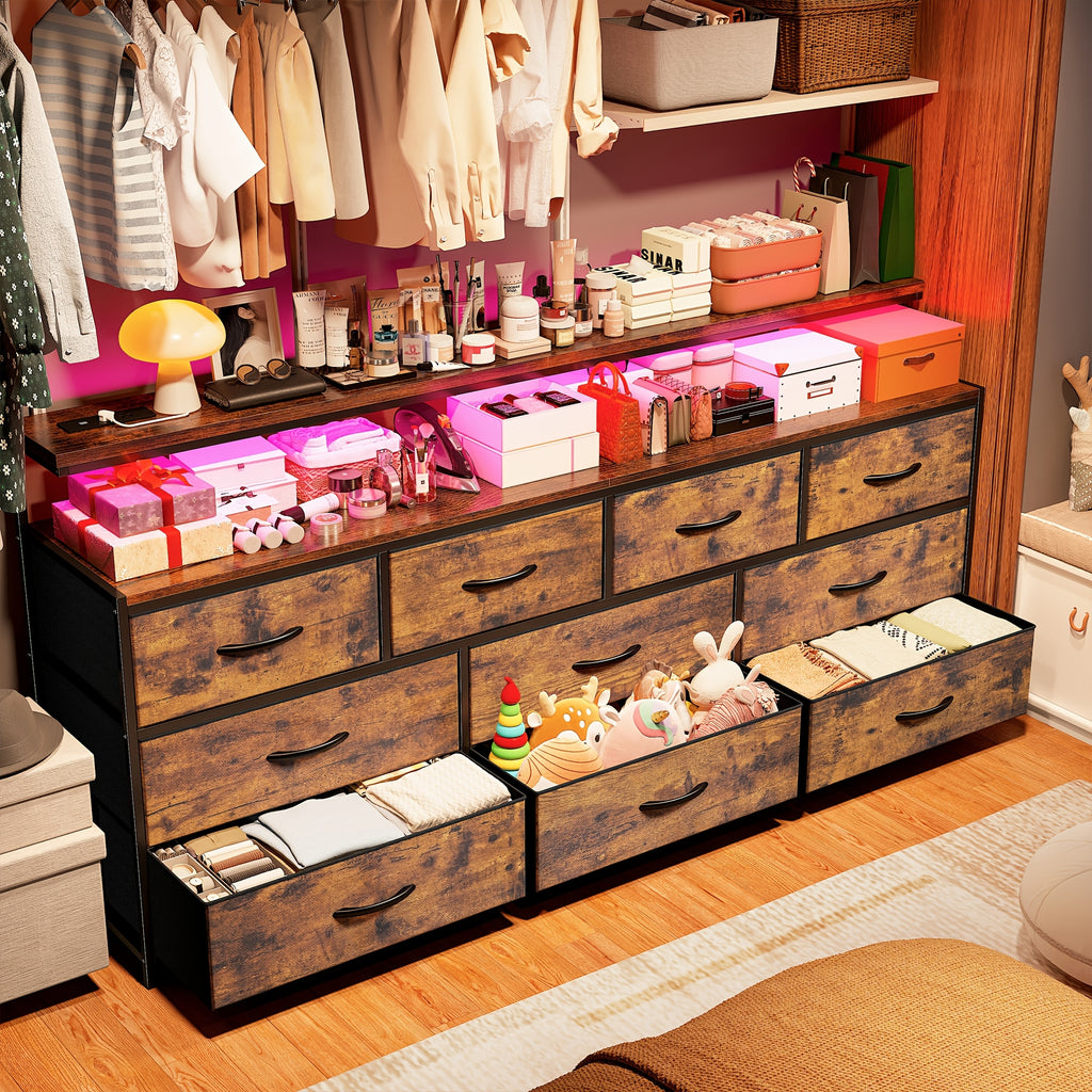 55" Wide Dresser for Bedroom with 10 Drawers, LED Lights & Power Outlets – Long Storage Chest, TV Stand up to 65", Metal Frame + Wood Top, Built-in Charging Station, Tiger Print / Black Wood Grain