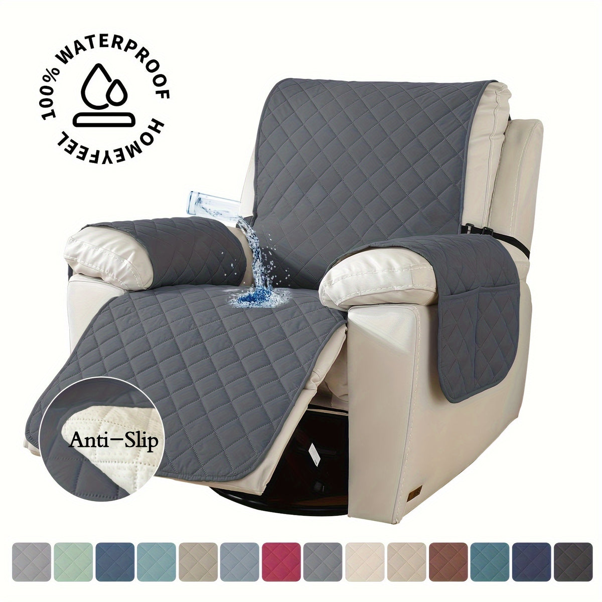 Recliner Chair Cover Waterproof Non-Slip, Oversized Recliner Slipcover with Side Pocket & Elastic Straps, Washable Furniture Protector for Dogs & Pets, Warm Cozy Chair Cover, 1 Piece
