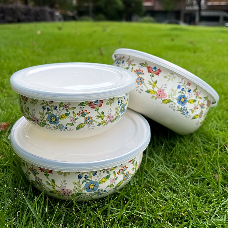 3-Piece Enamel Sealed Container Set with Lids – Fresh-Keeping Food Storage Bowls for Fruit, Vegetables, Soup & Salad | Lunch Box, School & Home | Rose & Floral Styles