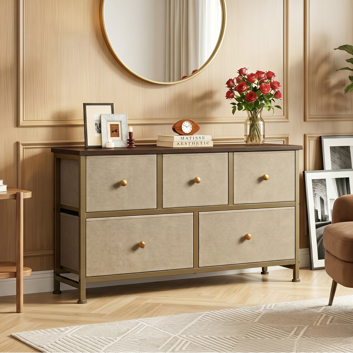 5-Drawer Wide Dresser with Fabric Bins – Freestanding Wood Frame Chest of Drawers, Low Profile Compact Storage Organizer for Bedroom, Hallway, Living Room & Closet, Space-Saving Furniture in Khaki/Green