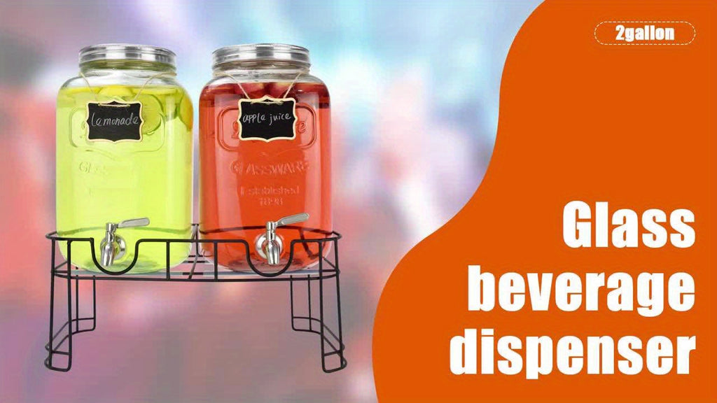 2-Pack 1-Gallon Glass Beverage Dispenser with Stand Stainless Steel Spigot and Ice Tube Leak-Proof Lemonade Water Drink Dispenser for Parties Camping Kitchen