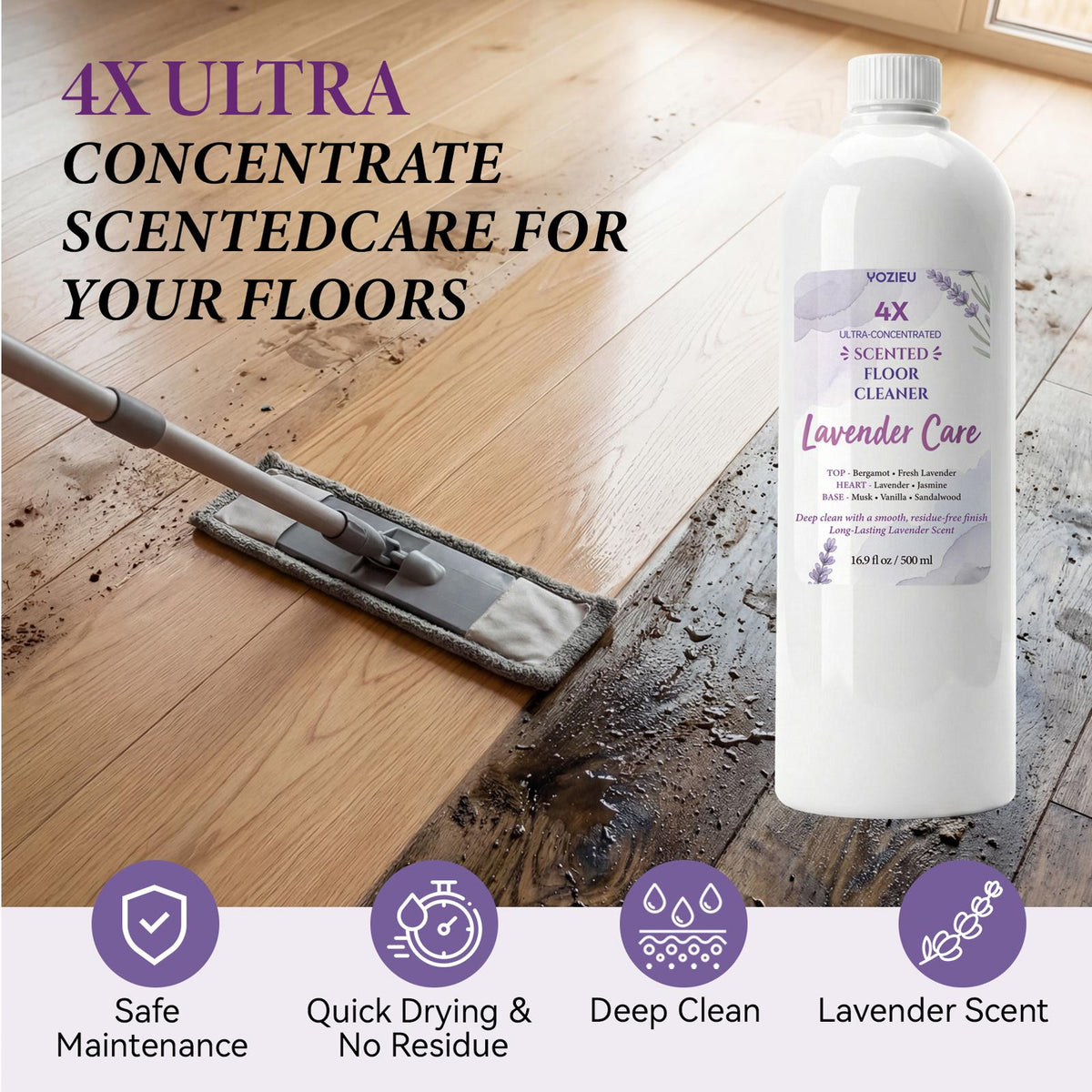4x Concentrated Liquid Floor Cleaner 500ml - Pet-Friendly, Scented, Cleans & Deodorizes, No Watermarks, Multi-Surface Formula - Lavender, Citrus, Vanilla Lemon & Coconut Scents