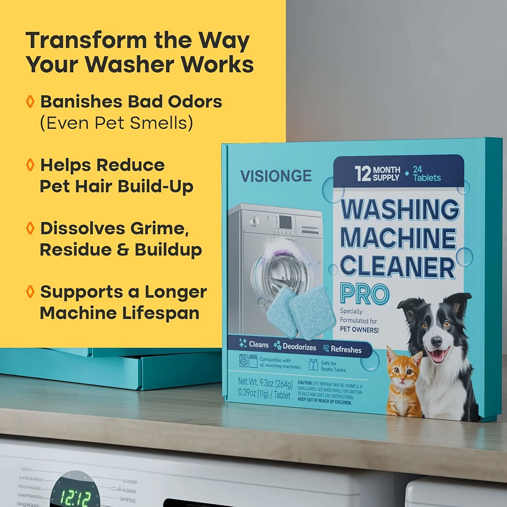 Washing Machine Cleaner Tablets 24-Pack – 12-Month Supply, Deep Clean & Deodorize for Pet Owners, Front & Top Load Safe