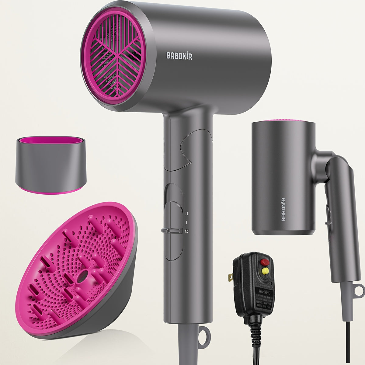 1875W Ionic Hair Dryer with Diffuser for Curly Hair – Quick-Drying Professional Blow Dryer, Foldable Lightweight Travel Hair Dryer for Women & Men, Leakage-Protected US Plug, Pink