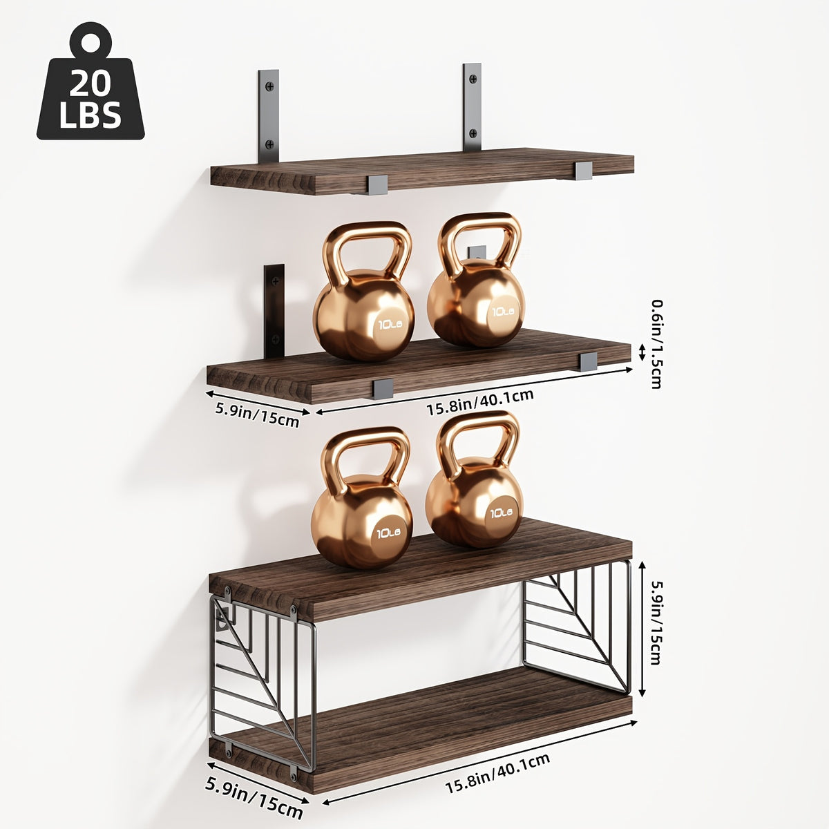 Vintage Wooden Floating Shelves Set of 3 with Guardrail – Wall Mounted Display & Storage Rack for Bedroom, Living Room, Bathroom & Kitchen – Rustic Wood Wall Shelf Multi-Functional Decor