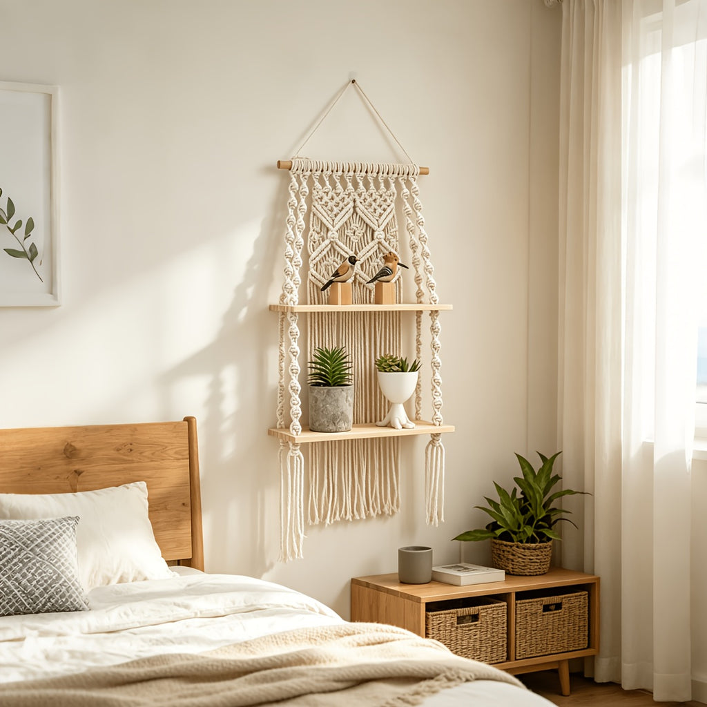 Boho Woven Wall-Mounted Floating Shelf Rack – Handcrafted Macrame Wood Storage Shelf for Bedroom, Bathroom & Bohemian Wall Decor