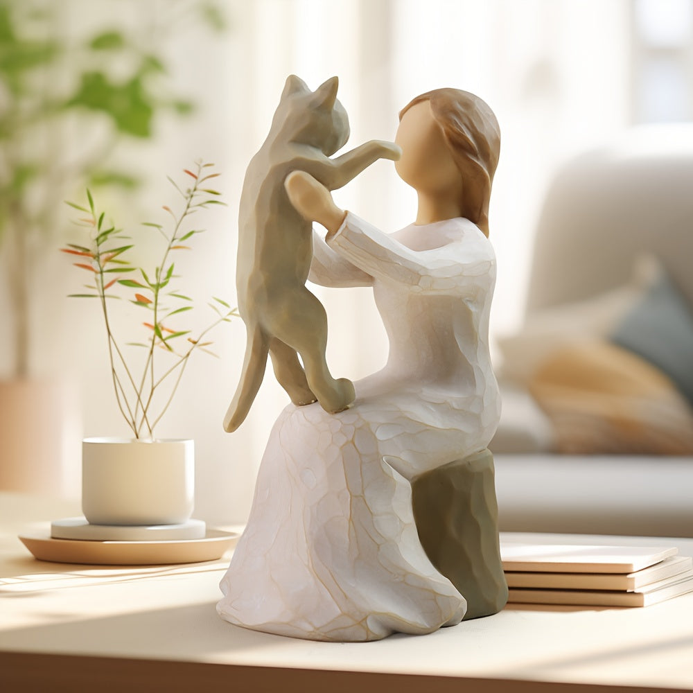 Hand-Painted Girl & Cat Resin Statue – Collectible Kitten Companion Figurine | Thoughtful Memorial Gift for Cat Lovers, Mom & Cat Ladies | Decorative Sculpture for Home, Shelf & Desktop