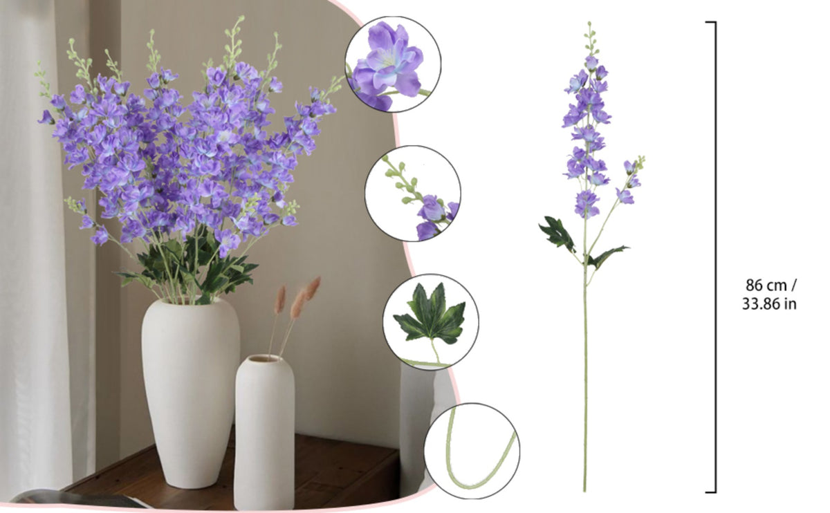 Faux Delphinium Larkspur Stems 8pcs 33.5 Inch Artificial Flowers for Wedding Table Centerpiece Bridal Bouquet Home Garden Vase Floral Arrangement Decor in Dusty Blue Pink Purple Orange