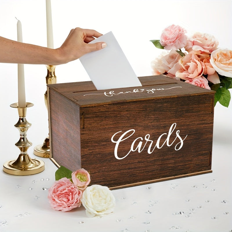 Wedding Card Box with Lid Rustic Faux Wood, Boho Dark Brown Rectangular Gift Card Holder with Slot for Wedding, Bridal Shower, Graduation, Anniversary, Baptism & Party Decorations, Keepsake Organizer