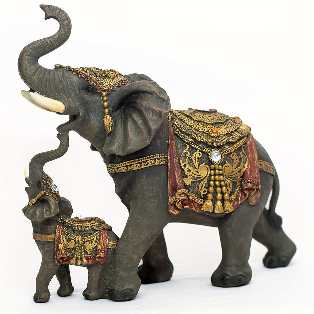 Mama & Baby Elephant Statue Figurine Set – Trunk Up Good Luck Polyresin Sculpture for Home Office Desk Decor Housewarming Birthday Gift for Women
