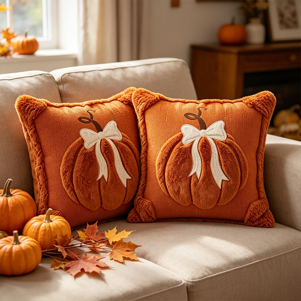 Plush Pumpkin Bow Pillow Covers Set of 2, 18x18 Inch Soft Seasonal Pillowcases for Thanksgiving, Halloween & Christmas – Decorative Throw Pillow Covers for Sofa Bed Home Decor, Beige & Caramel