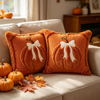 Plush Pumpkin Bow Pillow Covers Set of 2, 18x18 Inch Soft Seasonal Pillowcases for Thanksgiving, Halloween & Christmas – Decorative Throw Pillow Covers for Sofa Bed Home Decor, Beige & Caramel