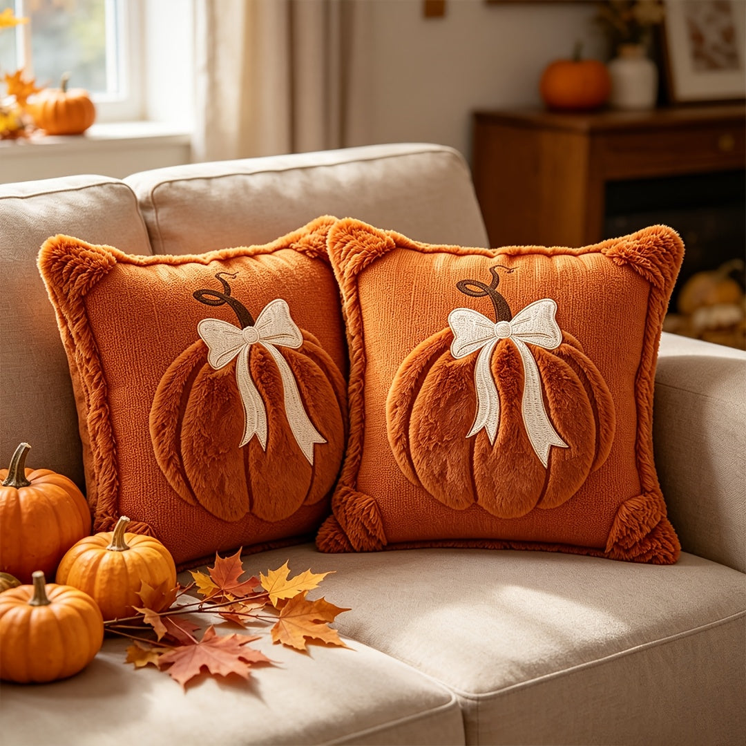 Plush Pumpkin Bow Pillow Covers Set of 2, 18x18 Inch Soft Seasonal Pillowcases for Thanksgiving, Halloween & Christmas – Decorative Throw Pillow Covers for Sofa Bed Home Decor, Beige & Caramel