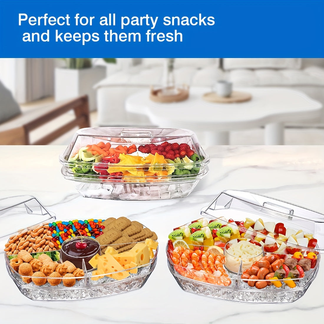 Chilled Serving Tray on Ice with Lid 15 Inch Clear Party Platter with Forks and Pliers for Shrimp Fruit Vegetables Salad Sushi Appetizer Display