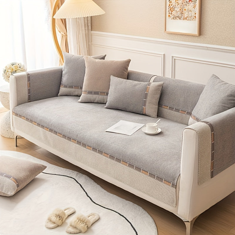 Bohemian Chenille Sofa Cover Non-Slip – Sofa Seat Cushion, Backrest, Armrest & Pillowcase Sold Separately, Dog Friendly Two-Tone for Bedroom Office Living Room, 4 Colors
