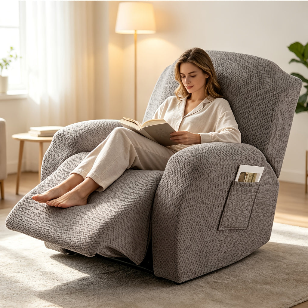 Recliner Sofa Cover 4pcs Set Jacquard Velvet High Elastic with Pocket – Removable Washable Chair & Sofa Protection Cover for Home Hotel, 7 Colors