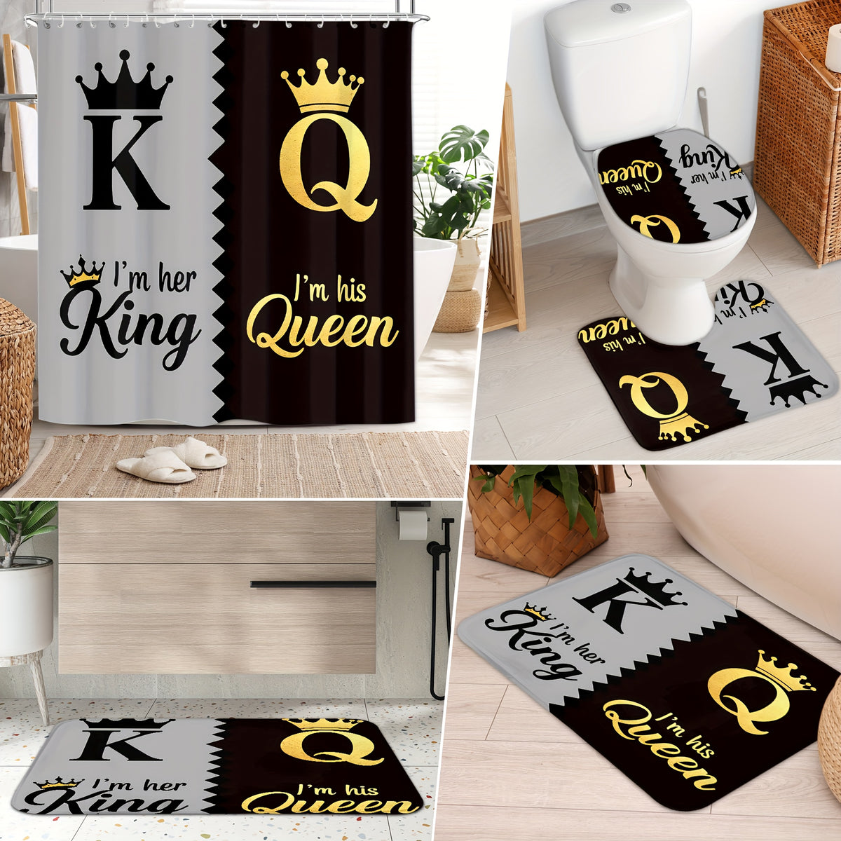 King Queen Shower Curtain Set 4pcs – Bathroom Curtain with 12 Hooks, Non-Slip Rug, Toilet U-Shape Mat & Lid Cover, Modern Bathroom Accessories