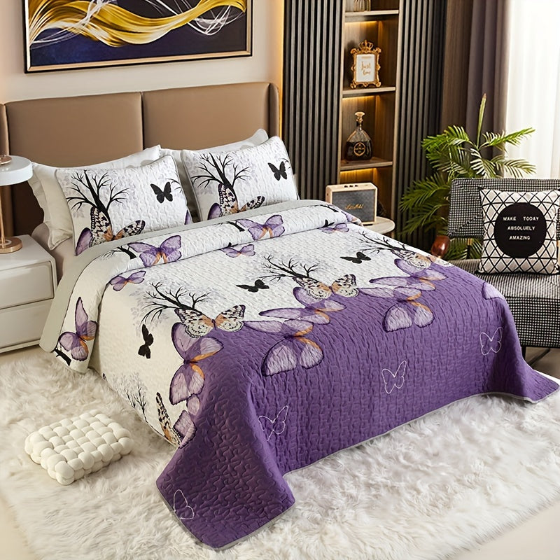 Butterfly Floral Quilted Bedspread Set 3 Piece – Embellished Polyester Coverlet with Floral Butterfly Pattern, Machine Washable All-Season Bedding, Polyester Fill, Queen & King Size, Purple