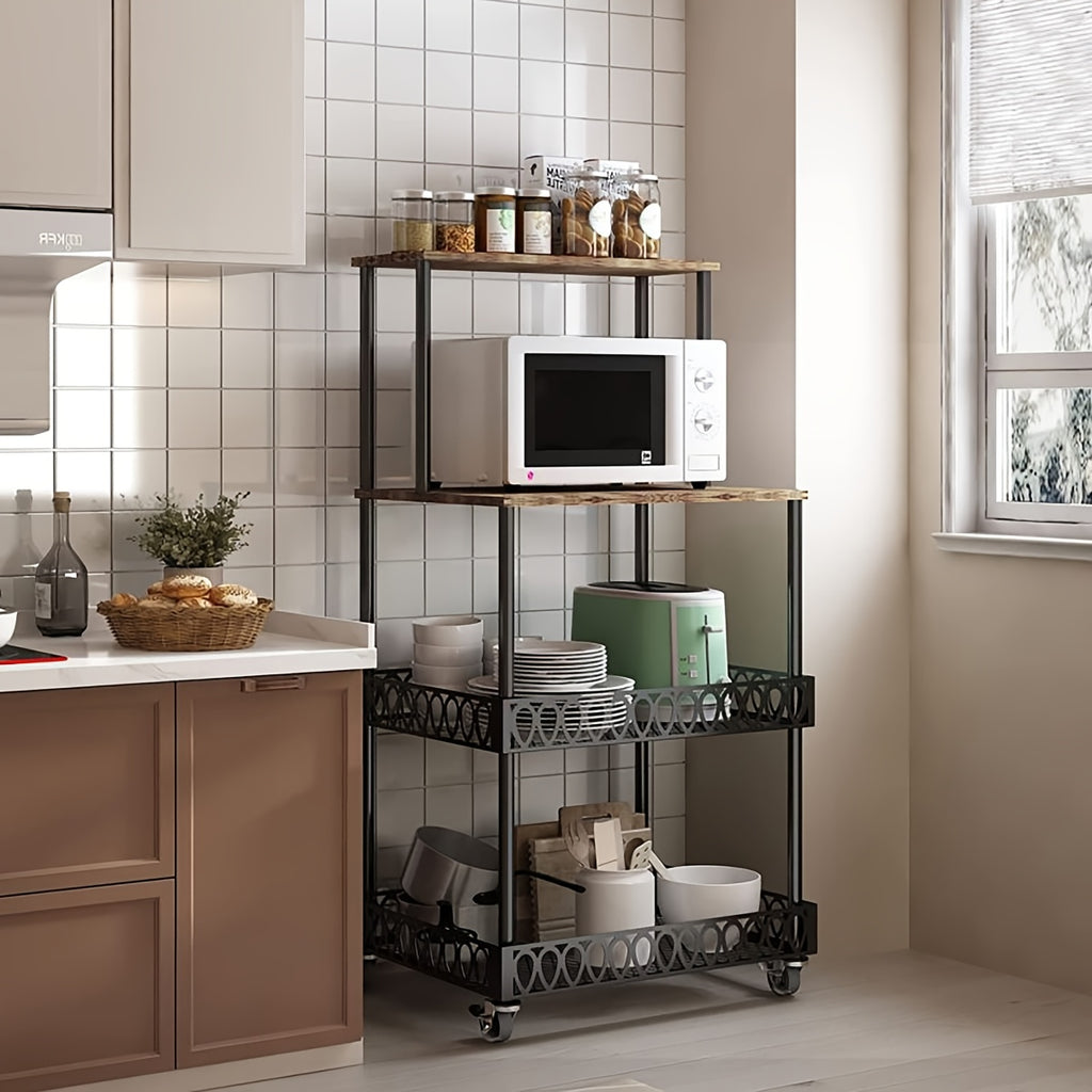 4-Tier Kitchen Microwave Oven Stand with Wheels – Vertical Baking & Bread Storage Rack for Kitchen & Dining Room | Rolling Floor-Standing Shelving