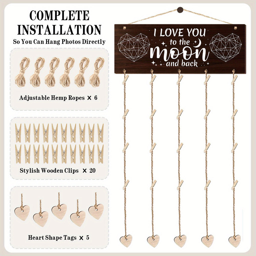 Wooden Hanging Photo Frame "I Love You to the Moon and Back" with 20 Clips, 6 Hemp Ropes & 5 Heart Tags – Romantic Wall Decor Picture Holder Gift for Couples, Anniversary, Wedding, Valentine’s Day & Christmas