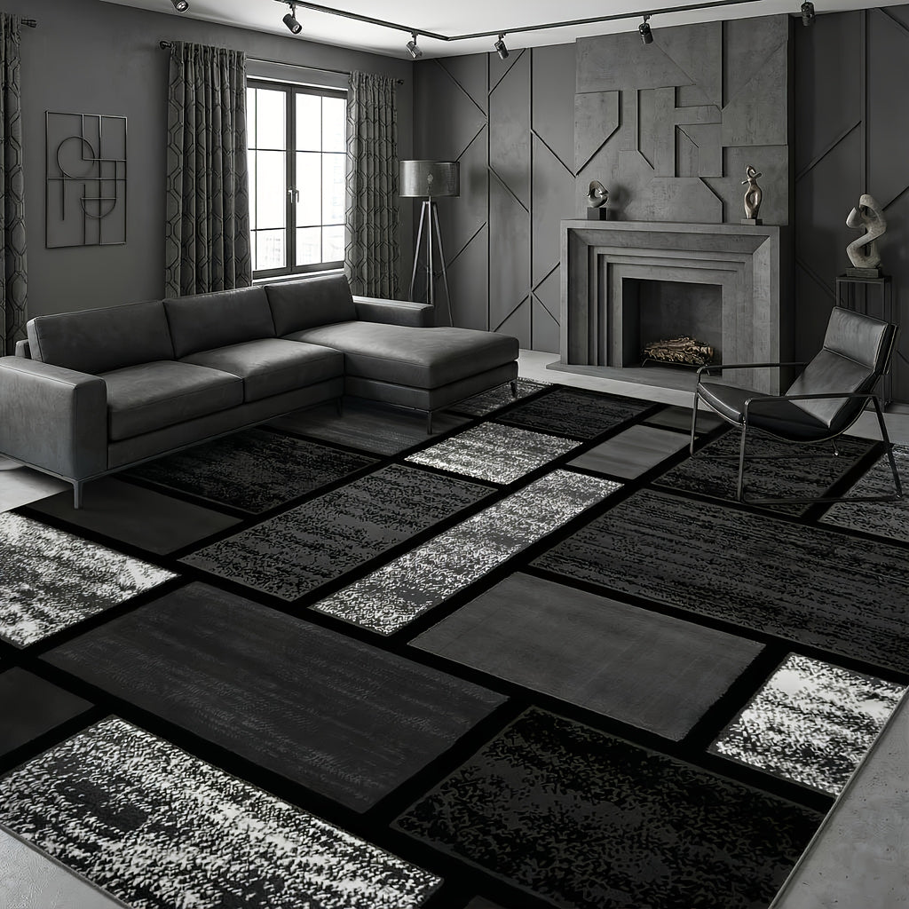 Modern Bohemian Geometric Area Rug - Grey and Black Thick Rectangular Large Carpet Soft Non-Slip Machine Washable for High-Traffic Areas and Bedrooms