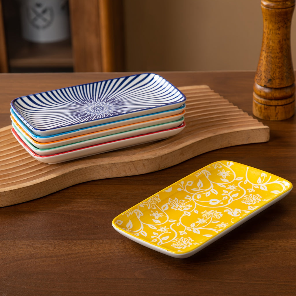 Ceramic Rectangular Serving Plates Set of 6 - Porcelain Sushi Platters 8 Inch with Blue White & Assorted Patterns, Microwave Dishwasher Oven Safe Dinnerware for Sushi Salad Dessert Appetizers
