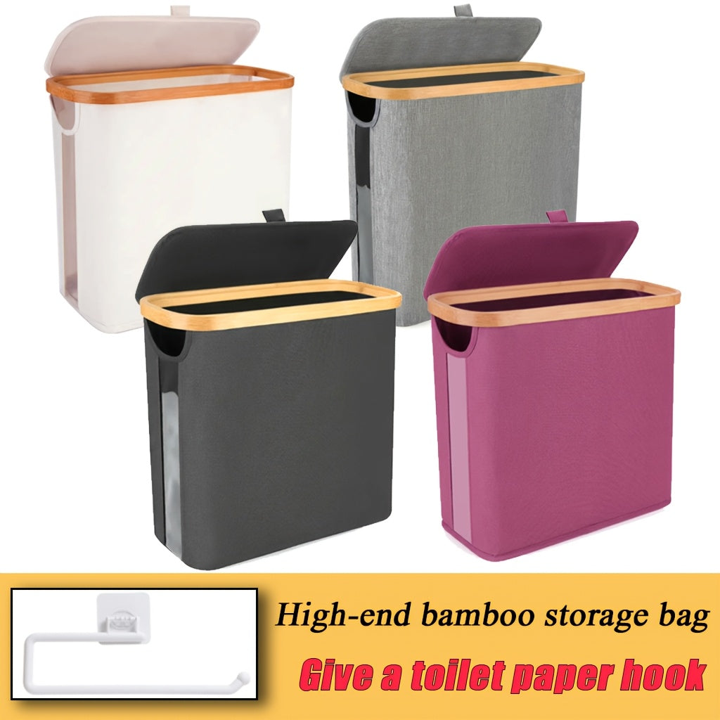 Bamboo Toilet Paper Storage Basket with Lid Holds 12 Rolls, Multi-Functional Bathroom Organizer with Tissue Holder Hook – Countertop Bathroom Decor, Black, Gray, White & Purple