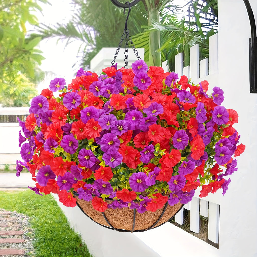 UV-Resistant Artificial Hanging Flowers with Container – Fake Petunia Hanging Plants in 6 Colors, Realistic Faux Blooms for Outdoor Garden, Patio, Porch, Balcony Railing, Wedding & Mother’s Day Decor