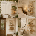Bohemian Hand-Woven Wooden Wall Rack – Decorative Floating Shelf for Bedroom & Bathroom, Boho Wall Decor Storage Organizer