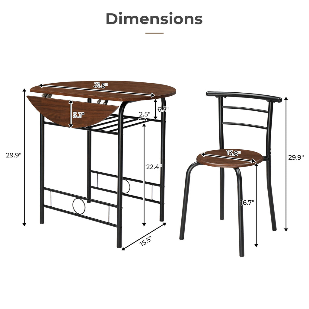 3-Piece Bistro Dining Set Drop Leaf Table and 2 Chairs Space Saving Kitchen Table Set for 2 with Wine Rack Metal Frame for Small Space Apartment Breakfast Nook