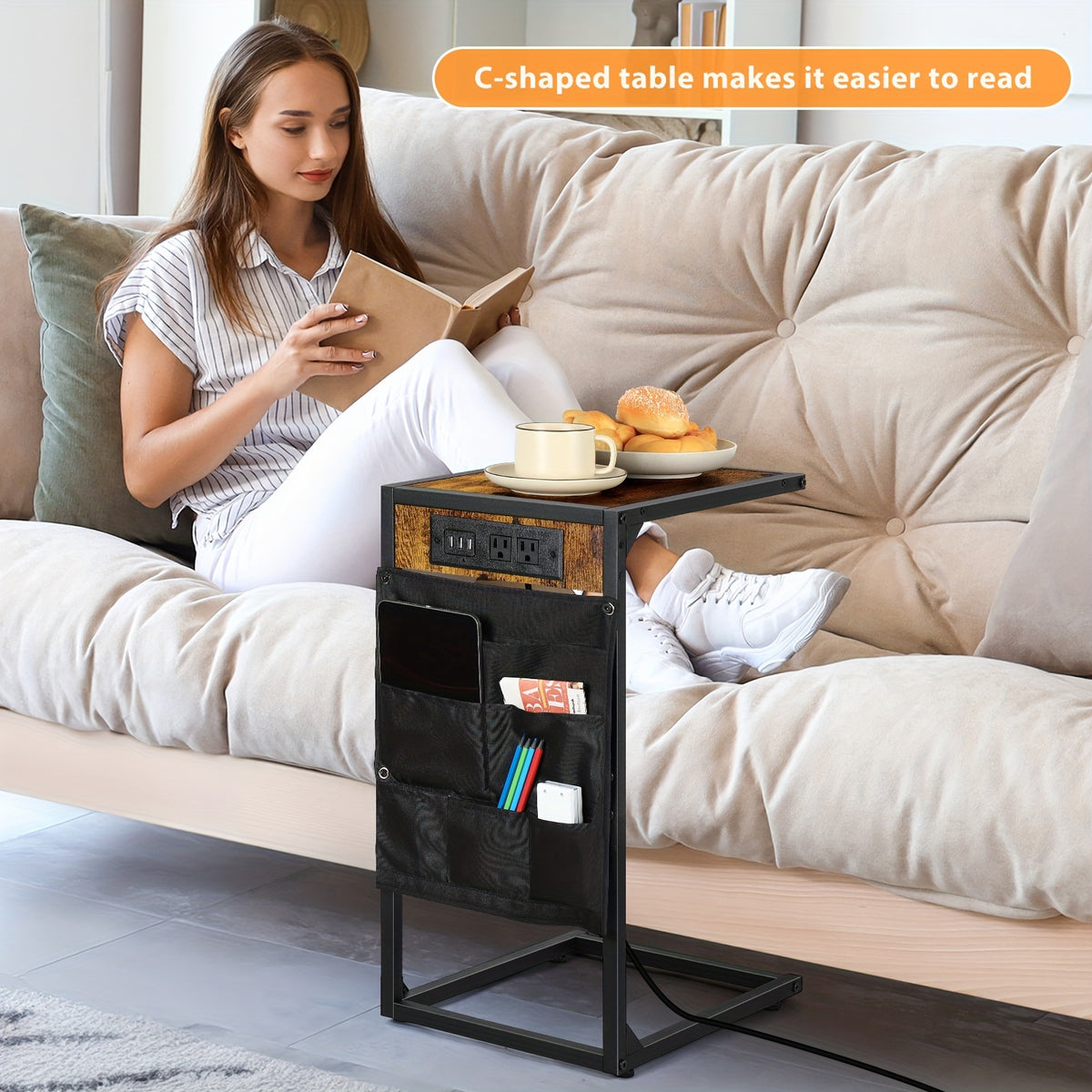 C-Shaped End Table with Charging Station – Sofa Side Table, 50LBS Capacity, Slides Under Sofa, Snack & Laptop Table for Living Room Bedroom (1pc/2pcs, w/wo Storage Bag)