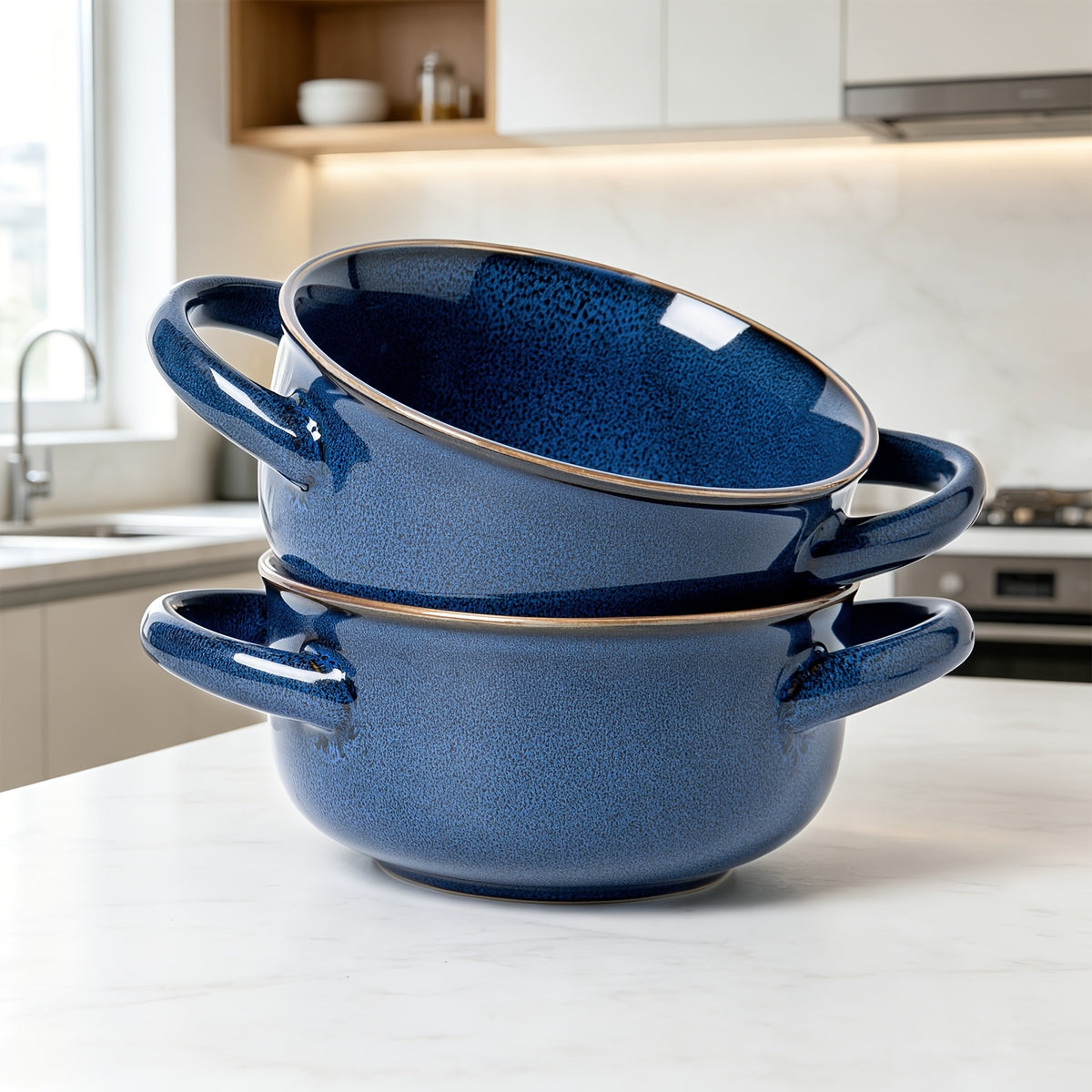 Colorful Ceramic Double-Handled Bowl Set Dopamine Style 28oz Extra-Large – Microwave & Dishwasher Safe for Soup, Salad, Pasta & Ramen – 2 or 4 Piece, Assorted Colors