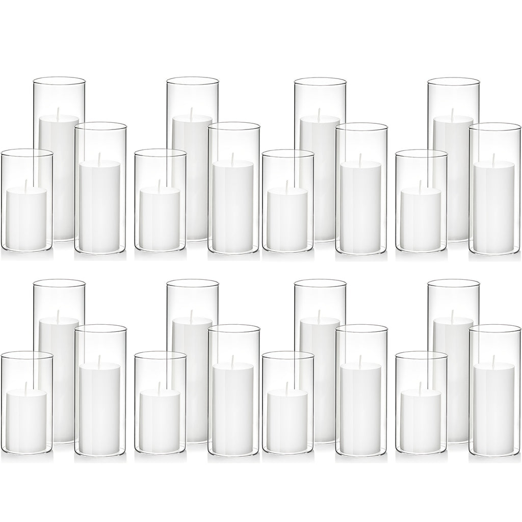White Pillar Candles with Clear Glass Hurricane Candle Holders – Elegant Cylinder Vases for Wedding Centerpieces, Parties, Home & Office Decor, Table Decorations