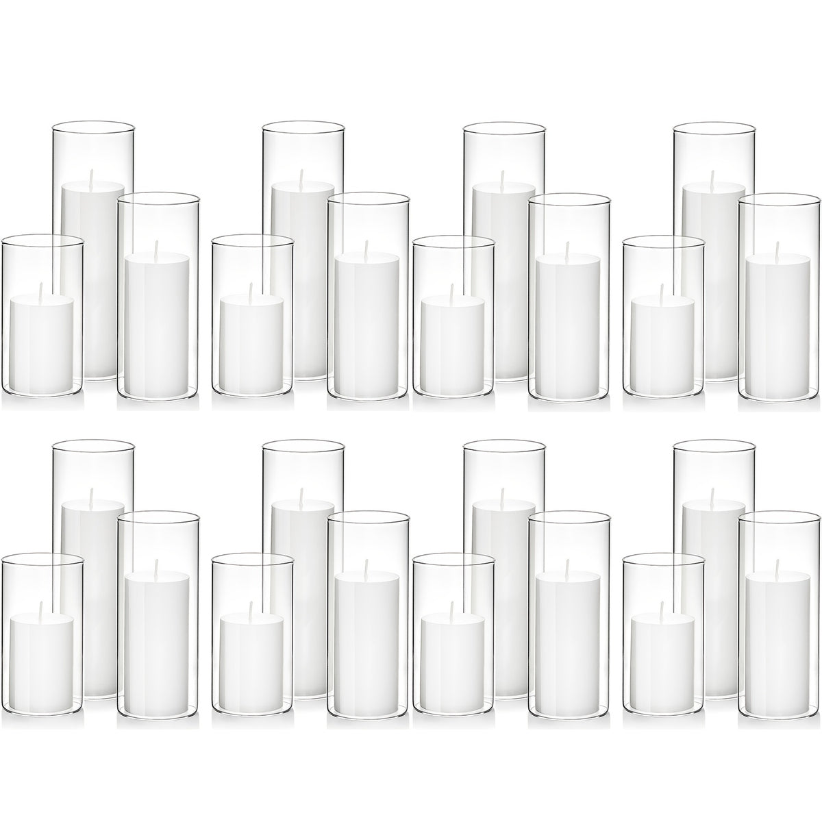 White Pillar Candles with Clear Glass Hurricane Candle Holders – Elegant Cylinder Vases for Wedding Centerpieces, Parties, Home & Office Decor, Table Decorations