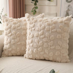 Eucalyptus Leaf Faux Plush Jacquard Pillow Covers Set of 2, 18x18 Inch Boho Cottage Quilted Cushion Cover with Zipper, Machine Washable, White & Khaki, Bedroom Sofa Home Decor